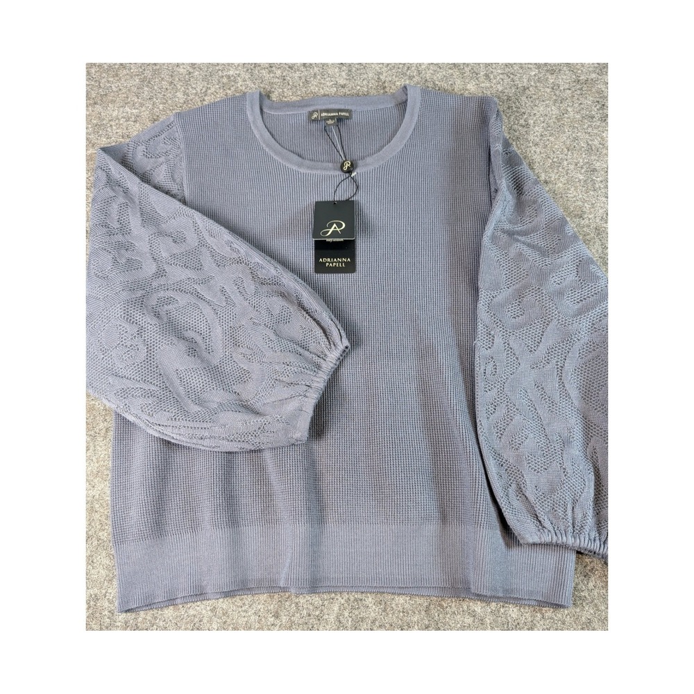 Adrianna Papell Dusty Blue Mesh Sleeve Crew Neck Sweater AD1S302262 Large NWT